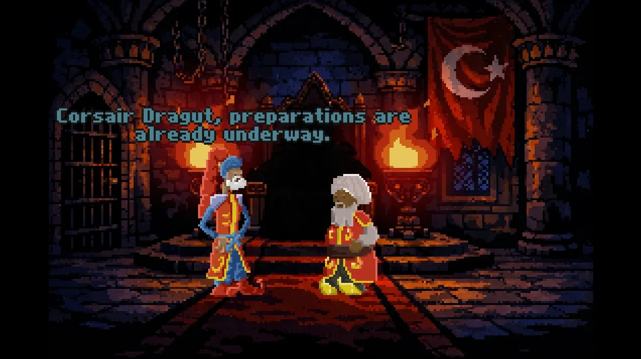 Two pixel-art characters talk in a torch-lit hall under an Ottoman flag