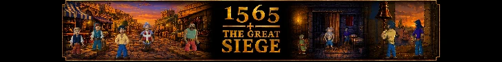 1565 The Great Siege title between pixel-art characters in a street