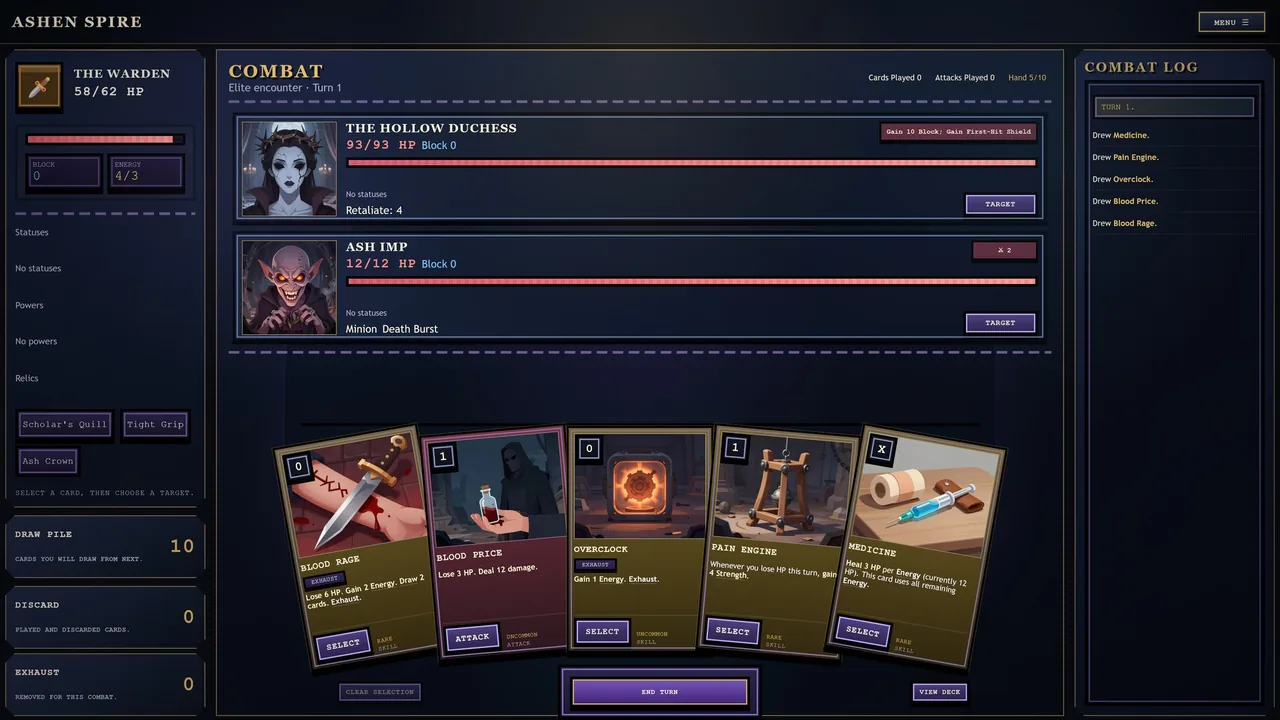 Ashen Spire combat: two enemies above a hand of illustrated cards