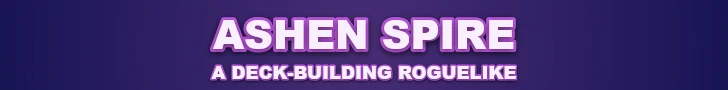 Ashen Spire, a deck-building roguelike, in white letters on purple