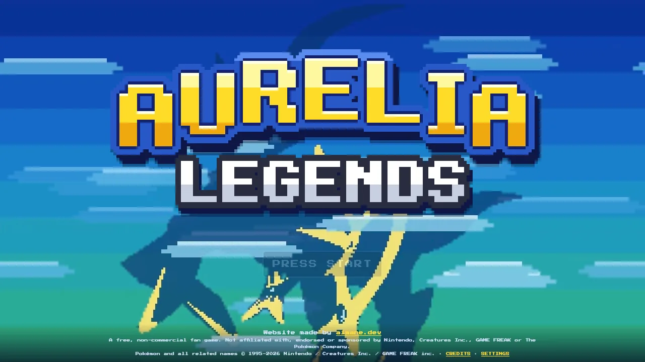 The Aurelia Legends title screen with its pixel-art logo over a blue sky