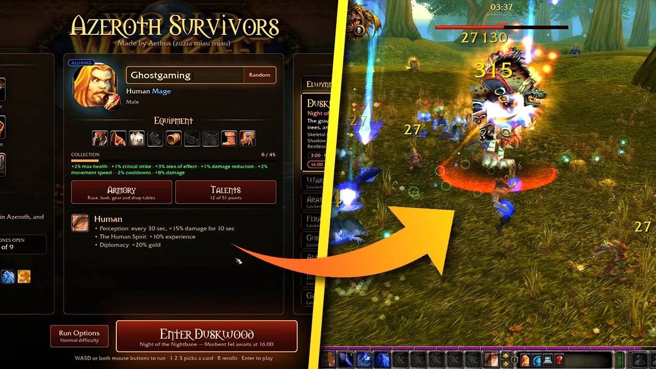 Azeroth Survivors: the hero picker with a Human Mage ready to enter Duskwood, and the same hero fighting a gnoll boss in a forest full of damage numbers