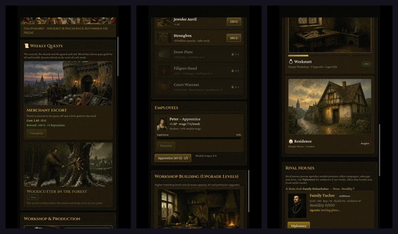 Three phone screens from Burgher 1400: weekly quests, the workshop and its staff, and a residence with rival houses