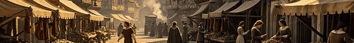 A busy late-medieval market street with stalls and townspeople