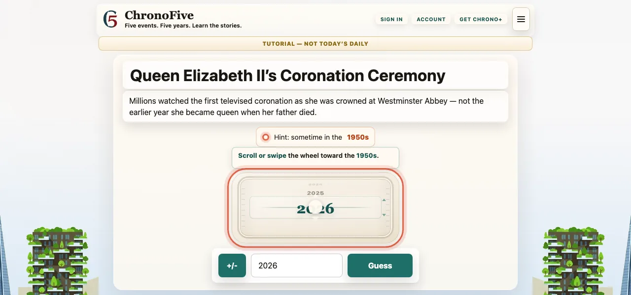 ChronoFive tutorial round: guess the year of Queen Elizabeth II's coronation on a year wheel