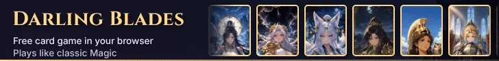 Darling Blades title art: free card game in your browser, plays like classic Magic, with six anime card portraits
