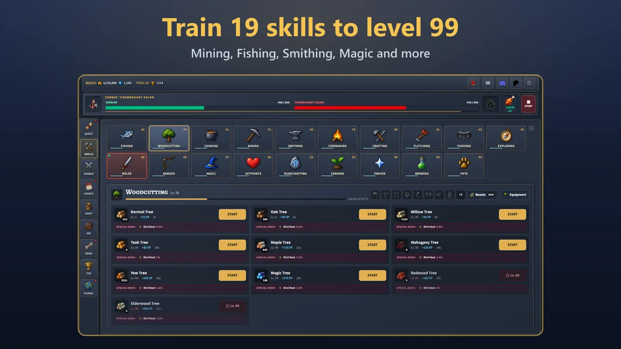 DragonScape Idle skill screen with a grid of skills to train to level 99