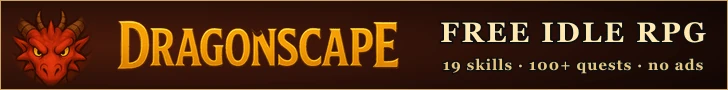 DragonScape title art with a red dragon head and the words Free Idle RPG, 19 skills, 100+ quests, no ads