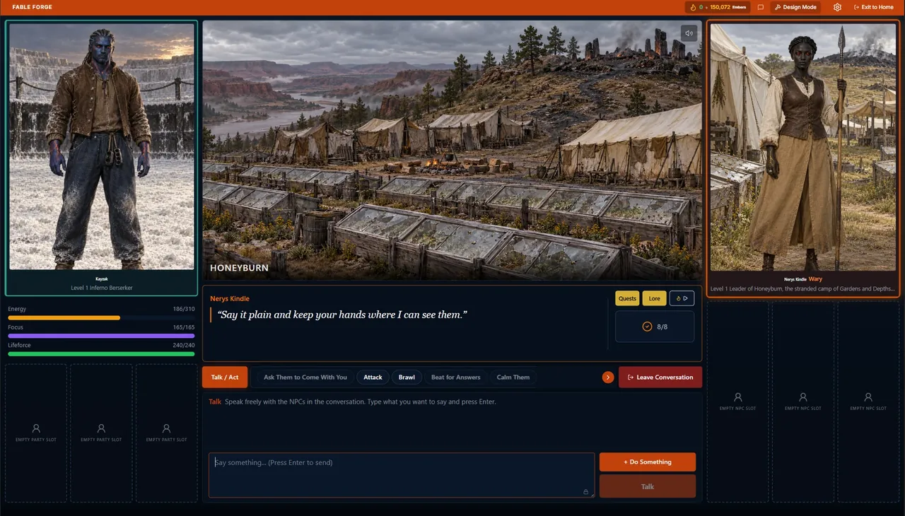 Fable Forge scene: a character portrait, a painted village and a conversation box