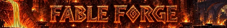 Fable Forge in fiery letters over a burning forge