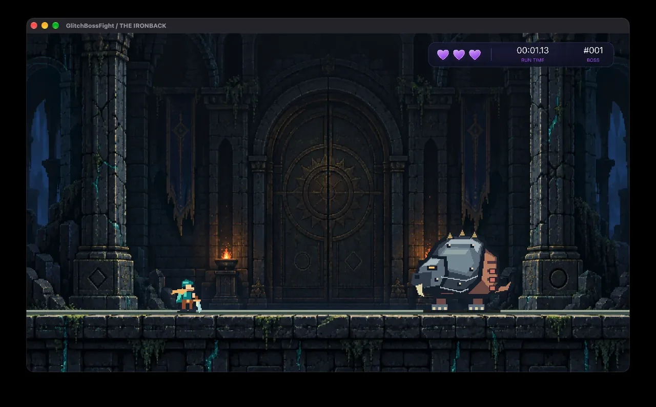 A small hero facing an armoured boar boss in a castle hall