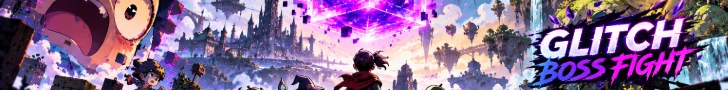 Glitch Boss Fight logo over a fantasy city and a giant boss