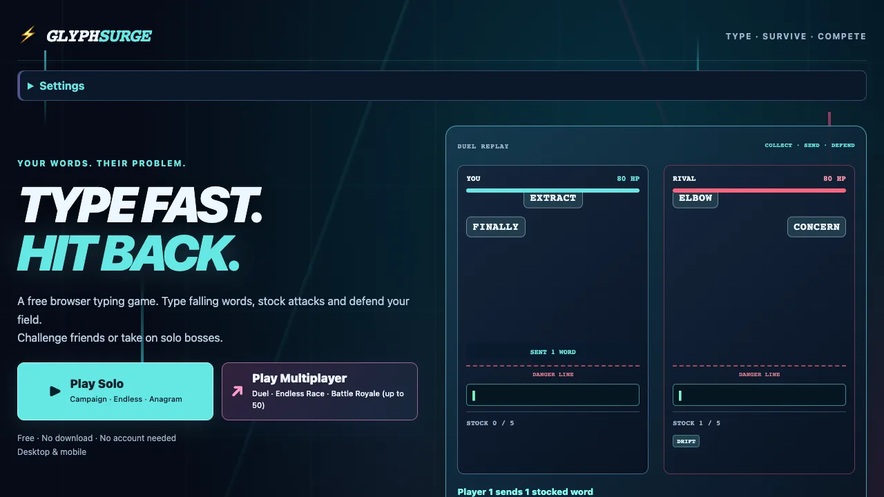 Glyphsurge's home page, Type fast. Hit back., next to a duel replay with words on two fields