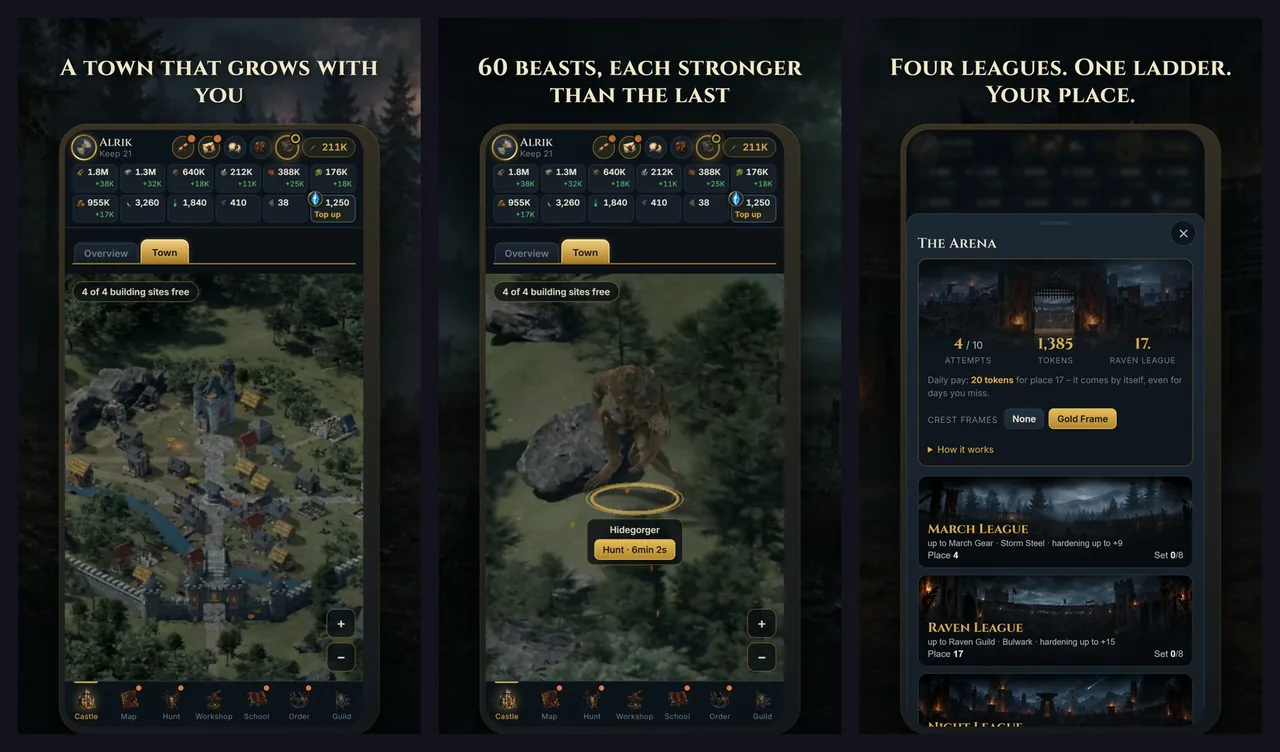 Three phone screens from Grauwacht: a town map, a beast hunt and the arena leagues