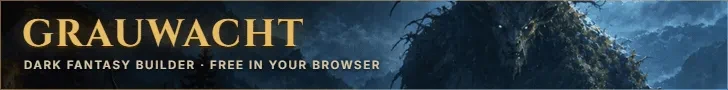 Grauwacht, Dark Fantasy Builder, Free in your browser, over a dark forest with a looming beast