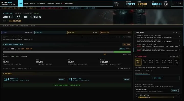 The Hiddenwars dashboard: a dark terminal-style screen with botnet stats and a news feed