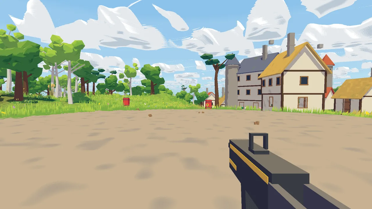 First-person view with a shotgun in front of a low-poly town