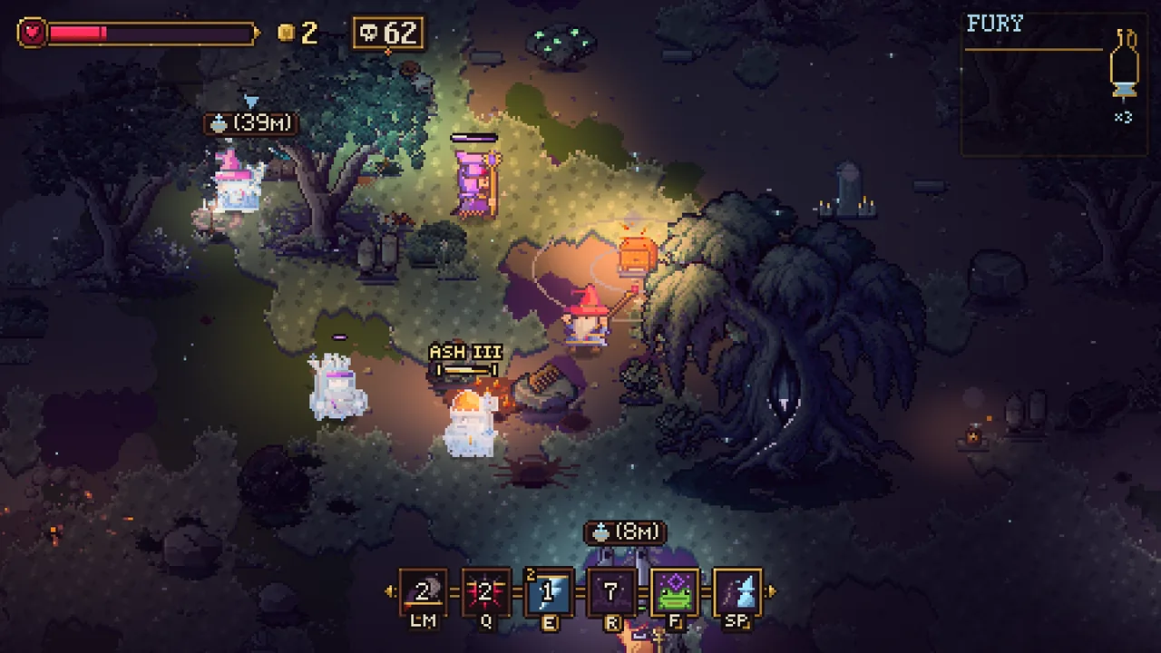 Pixel-art wizards casting spells at each other on a dark island