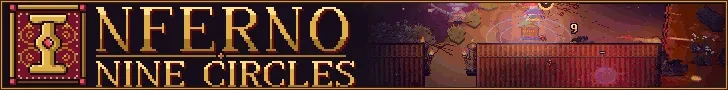 Inferno: Nine Circles title next to pixel-art wizards fighting in a fiery arena