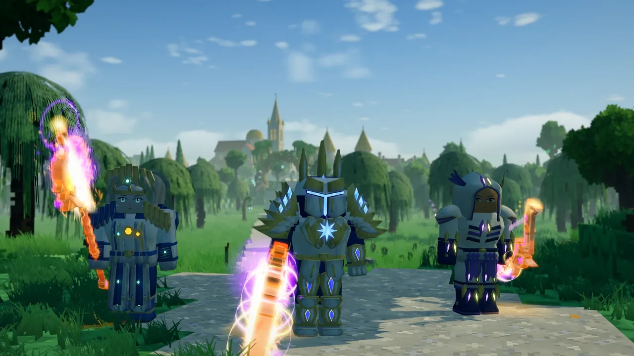 Three armoured voxel heroes with glowing weapons in front of a town