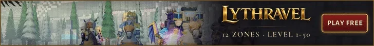 Lythravel title art with armoured voxel heroes: 12 zones, level 1-50