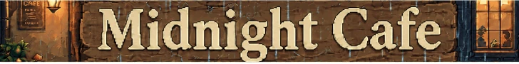 Midnight Cafe in pixel letters on a wooden café sign