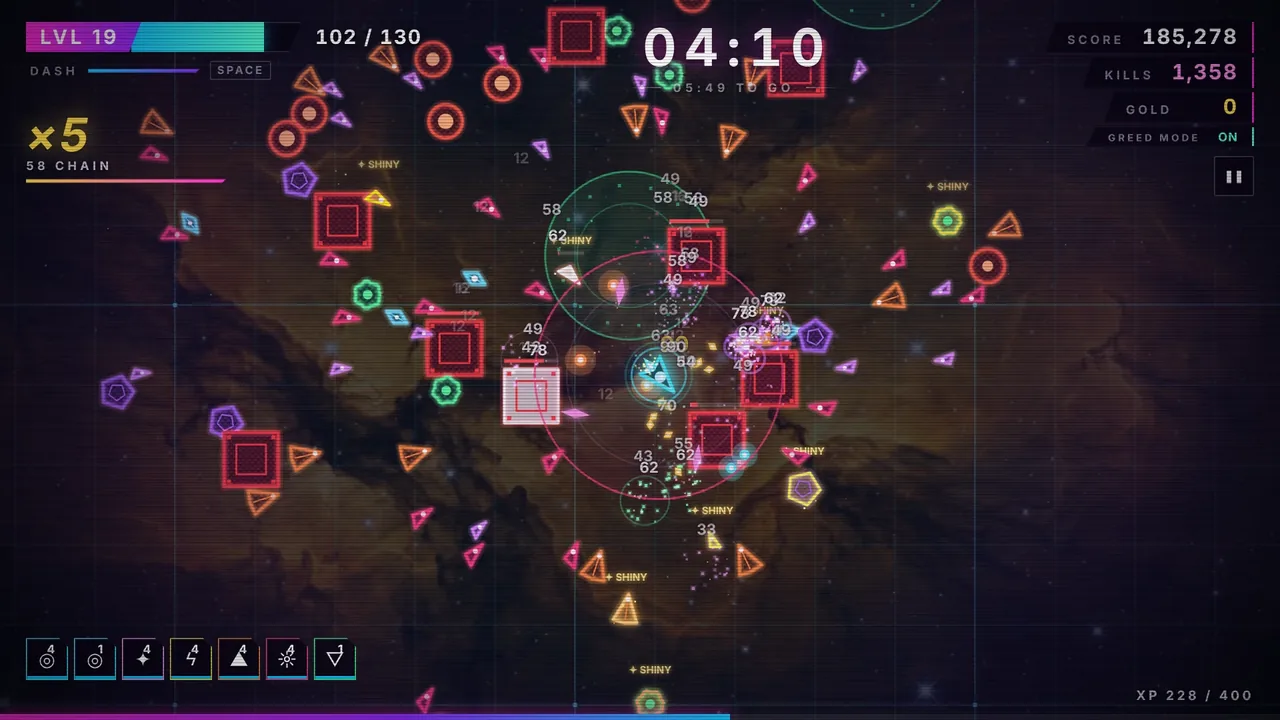 A small ship surrounded by hundreds of neon shapes, with the run timer at 04:10
