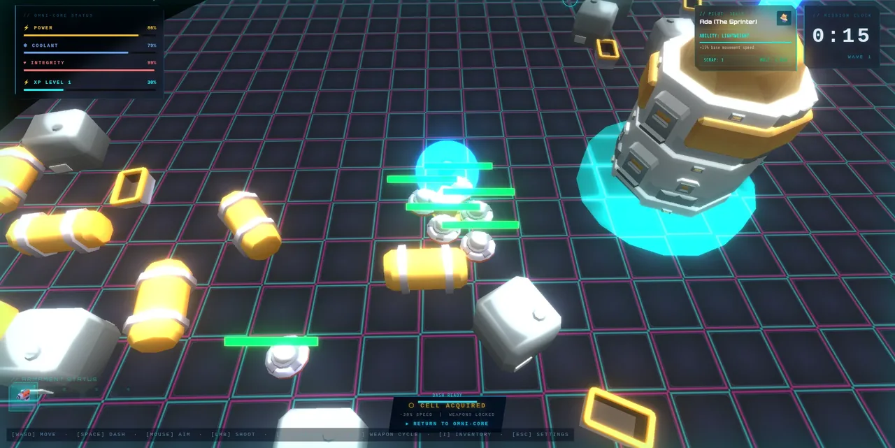 Voxel drones and the glowing station core on a neon grid arena