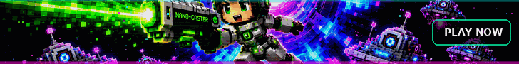 OMNI-CORE title art with a voxel hero firing a green laser at robot drones