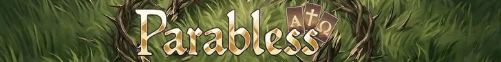Parabless logo with Alpha and Omega cards over grass and thorns