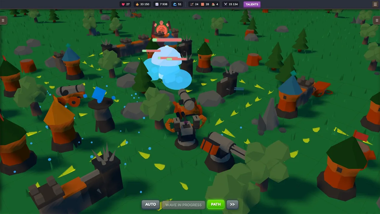 Low-poly towers and walls in a forest maze while a wave of enemies attacks