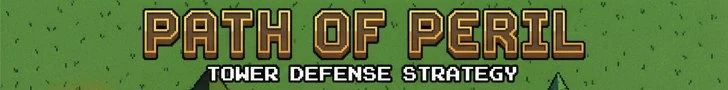 Path of Peril, Tower Defense Strategy, in pixel letters over a grassy field