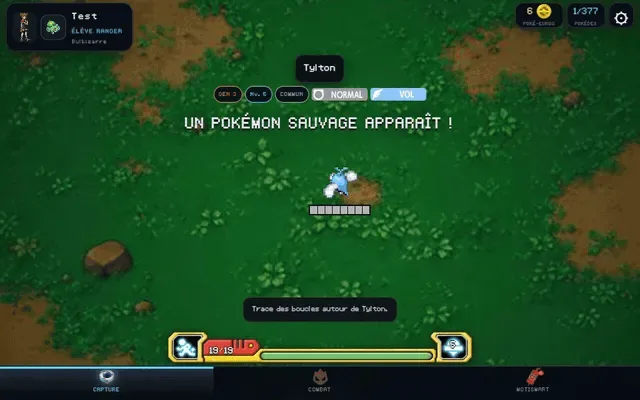 A wild Pokémon appears in tall grass and the player draws loops around it to catch it
