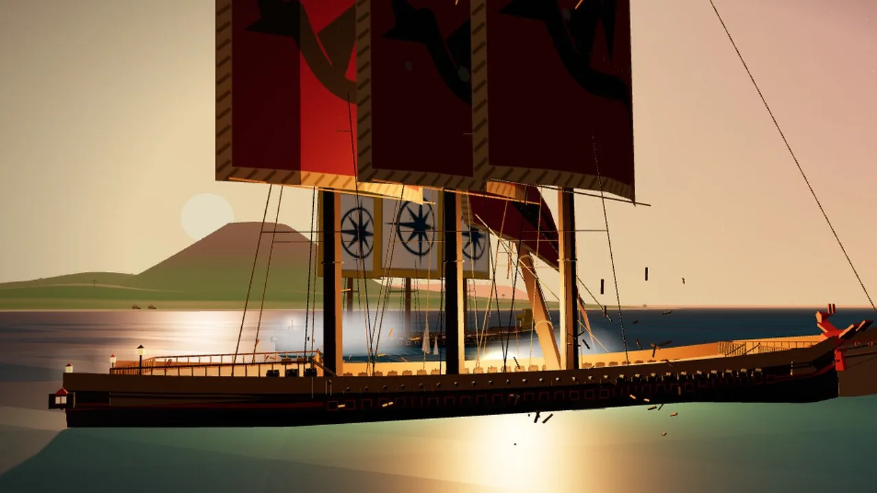 A sailing ship with red sails at sea at sunset