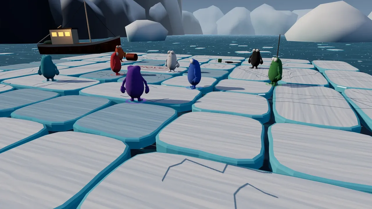 Colourful clay figures on drifting ice floes in a fjord, with a boat in the background