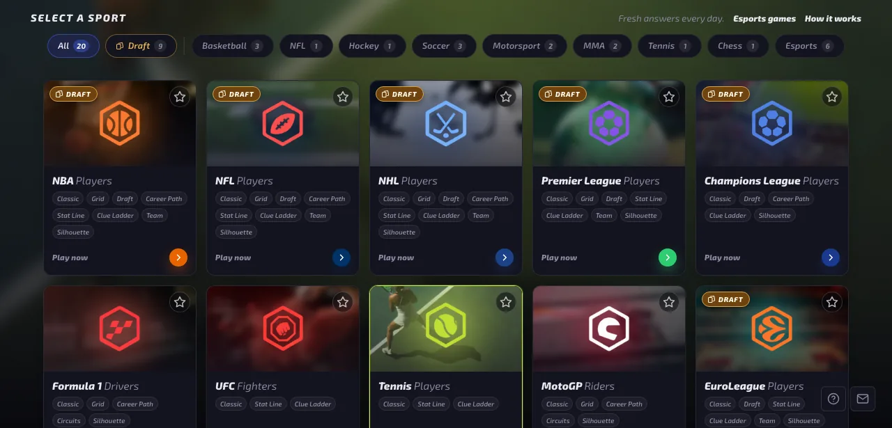 Sportdle's sport picker with cards for NBA, NFL, NHL, Premier League, Champions League and more