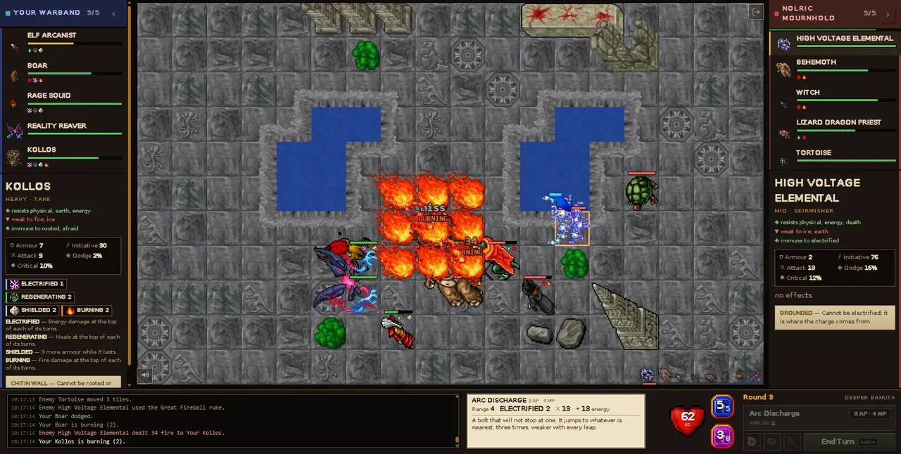 Tile Wars battle: creatures on a stone grid with water and fire, unit panels on both sides