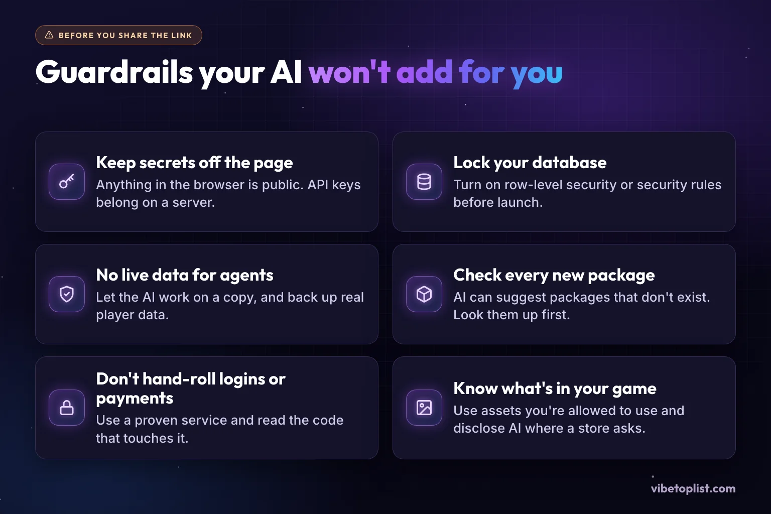 Six guardrails for vibe-coded games: keep secrets off the page, lock your database, no live data for agents, check every new package, don't hand-roll logins or payments, know what is in your game
